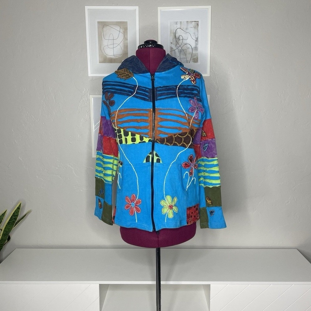 Rising International Hoodie Womens XL Blue Patchwork Floral Razor Cut Zip Up